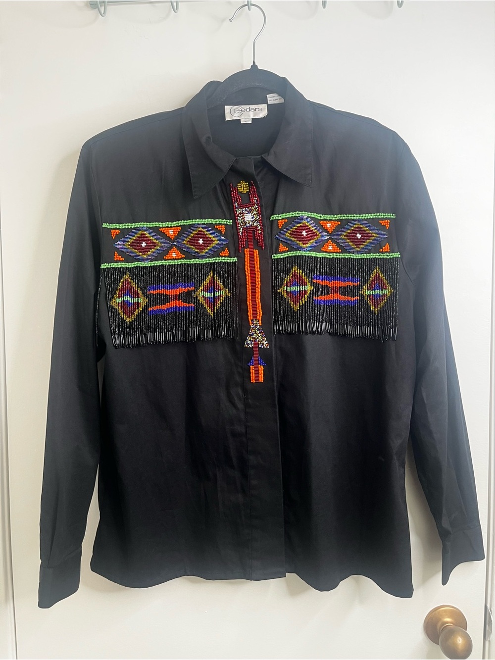Cedars Beaded Black ButtonUp Western Shirt Sz 14 Colorful Fringe Cowgirl Country